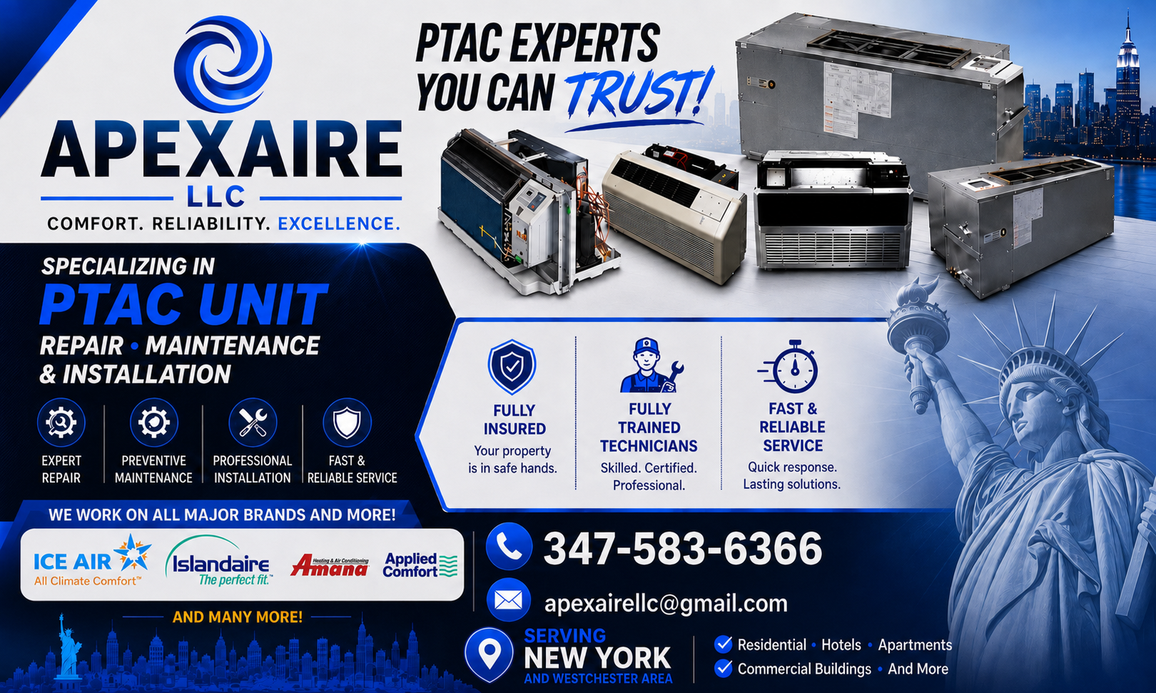 APEXAIRE PTAC service overview with major brands, contact information, and service area