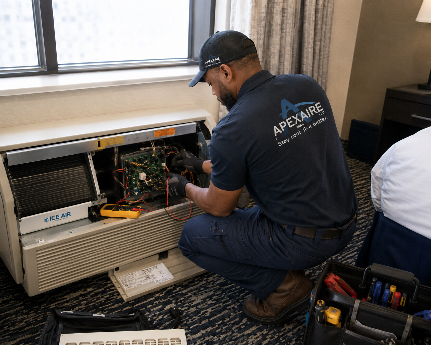 APEXAIRE technician servicing an Ice Air PTAC unit